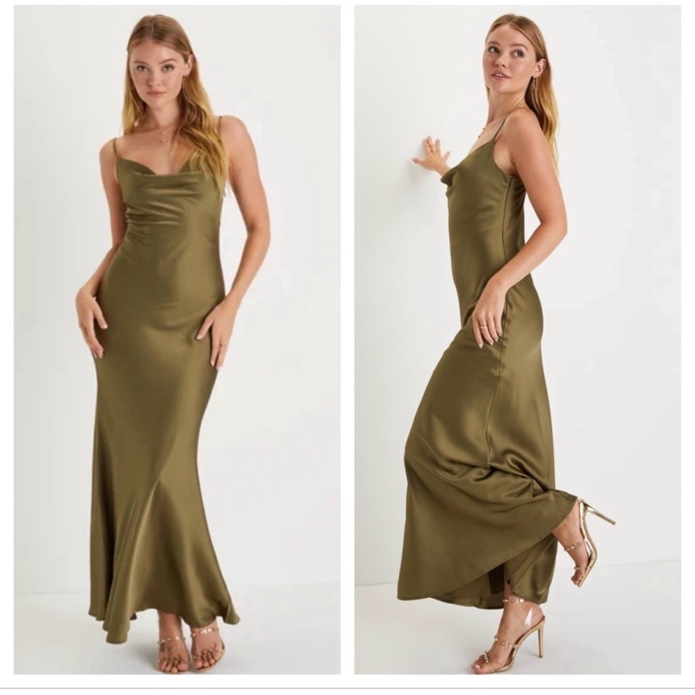 Lulu's Olive Green Satin Cowl Slip Maxi Dress Size M